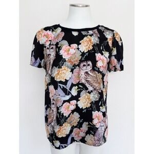Press Owl Floral Split Back Blouse Black Short Sleeve Crochet Shoulder Small